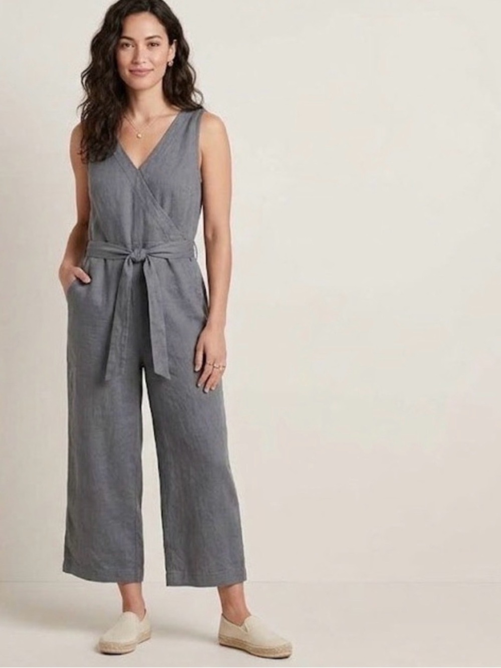 Kuhl Sleeveless V-Neck Tie-Waist Wide-Leg Jumpsuit -Gray Size Medium